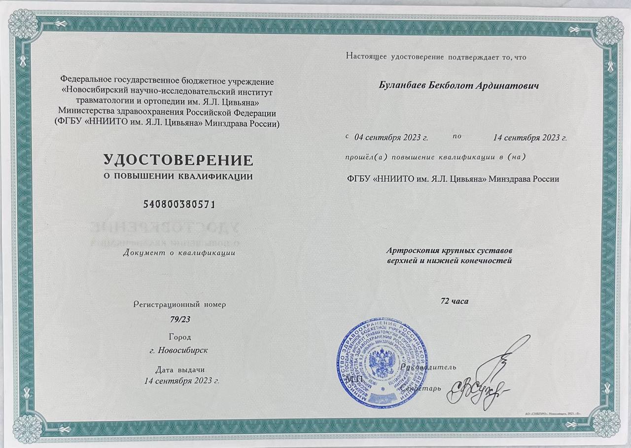 Удостоверение о повышении квалификации — Артроскопия крупных суставов верхней и нижней конечностей (ННИИТО)