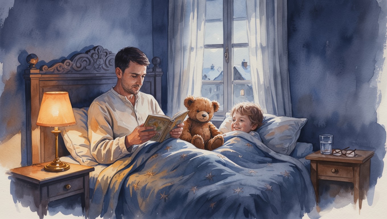 Папа читает сыну сказку перед сном