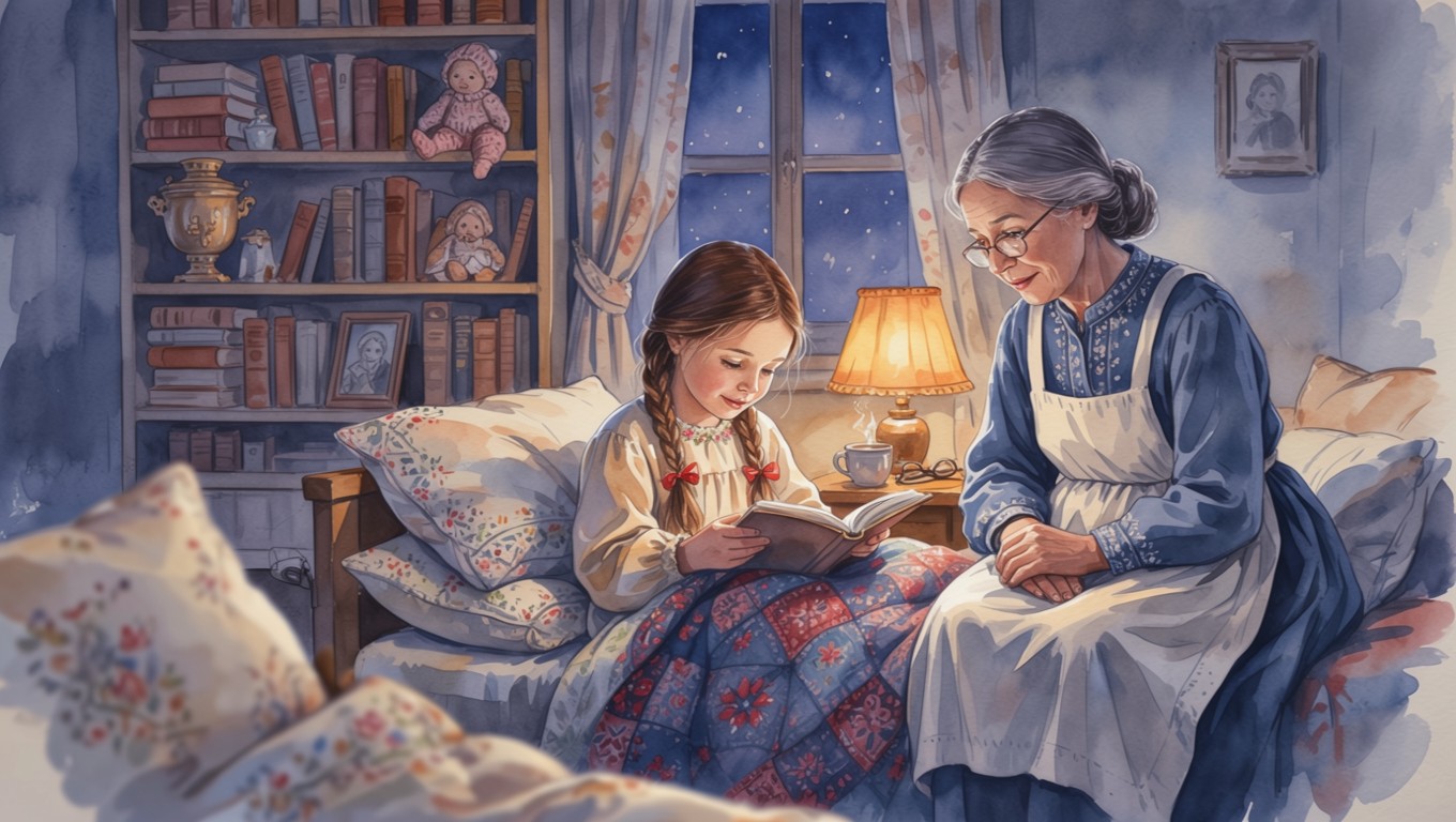 Девочка читает книгу бабушке