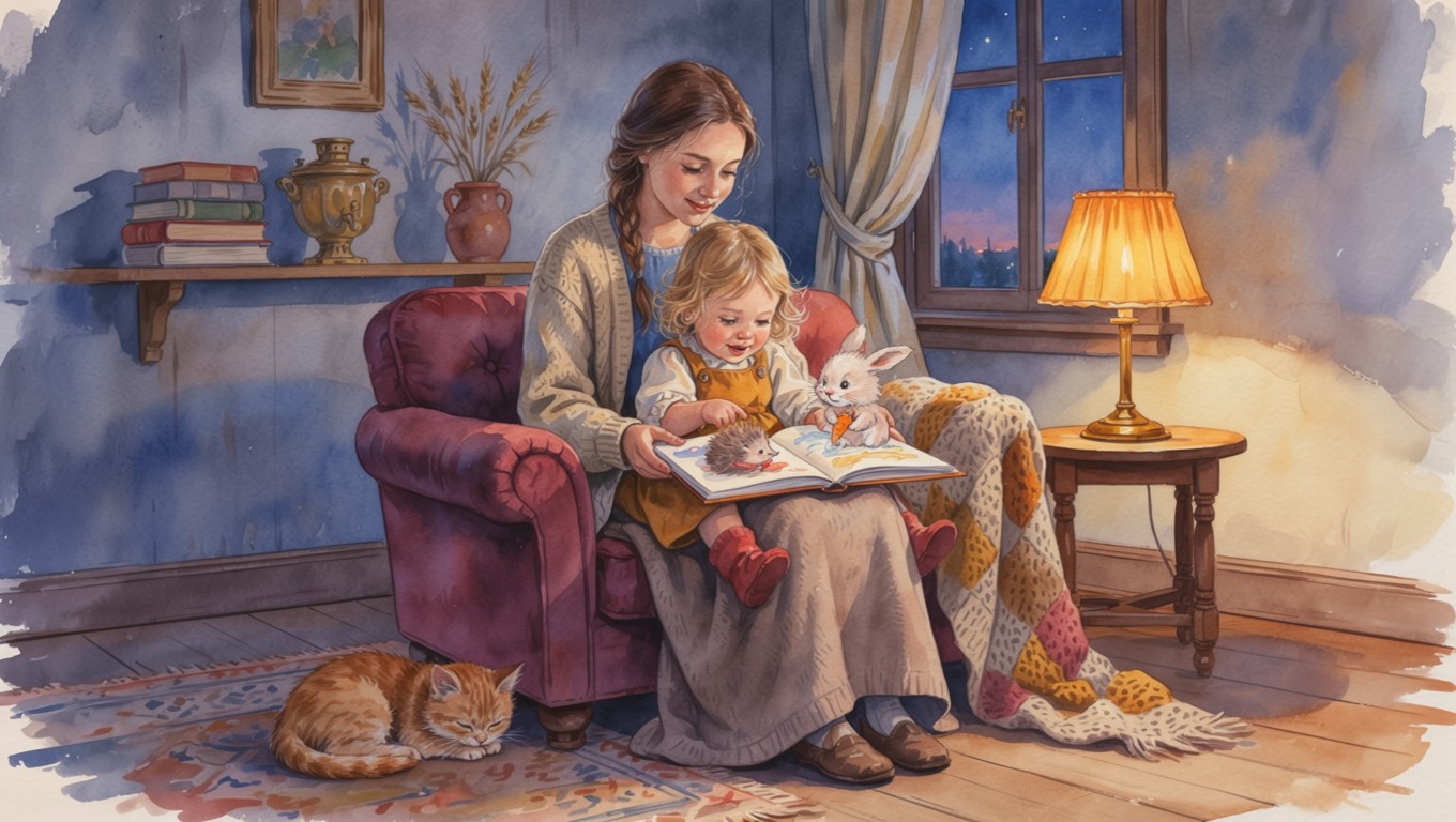 Мама показывает малышке книжку со сказкой