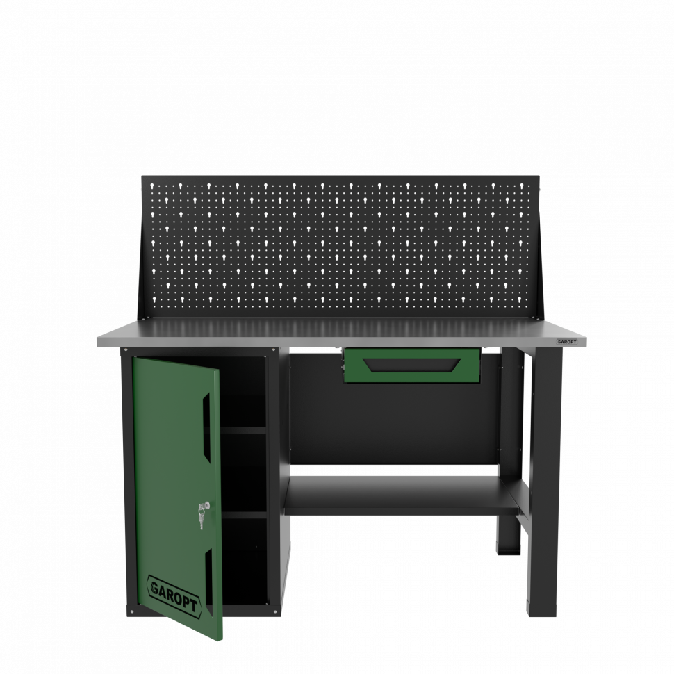 Верстак однотумбовый с ящиком и экраном 1400*700 GAROPT зеленый, GT1400STDY1PP.green