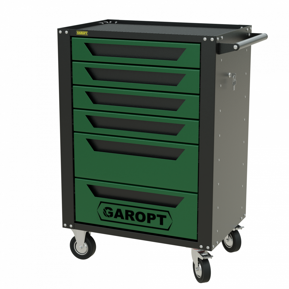 Тележка инструментальная Garopt 6 ящиков ЗЕЛЕНАЯ, центральный замок, увеличенные колеса, доводчики, GAROPT Серия "High", высота 1040мм